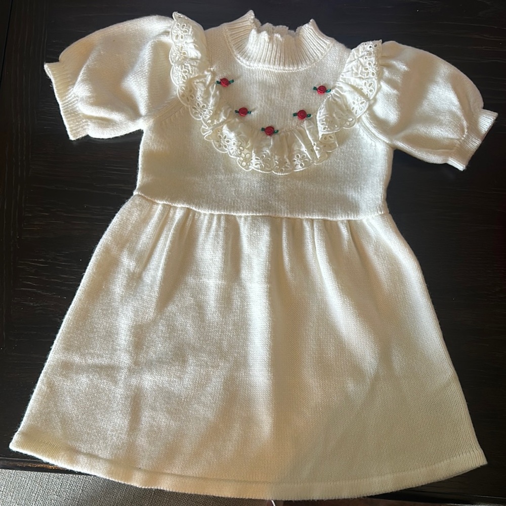 Janie and Jack White Knit Dress with Lace and Floral Accents